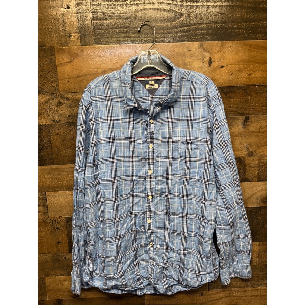 Tommy Hilfiger‎ Mens Blue Plaid Custom Fit Long Sleeve Button Down Shirt XL
